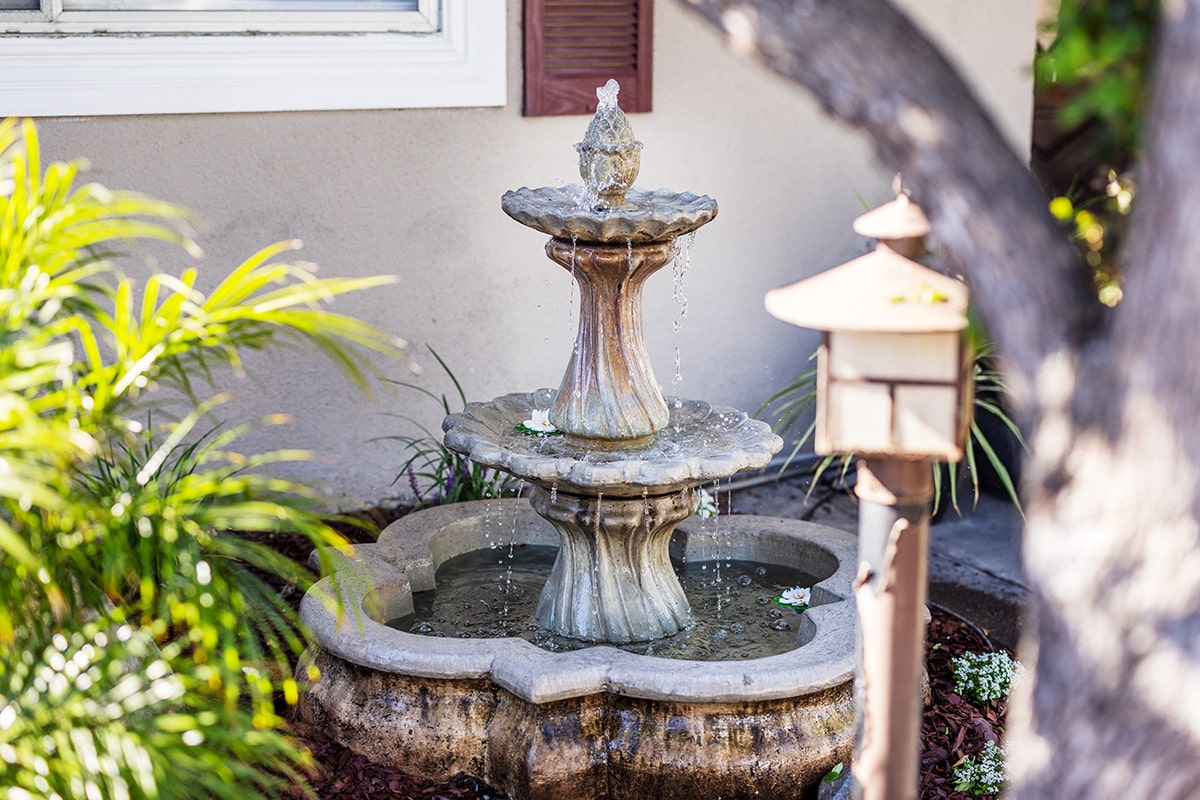 outside fountain and green palms at La Mesa facility